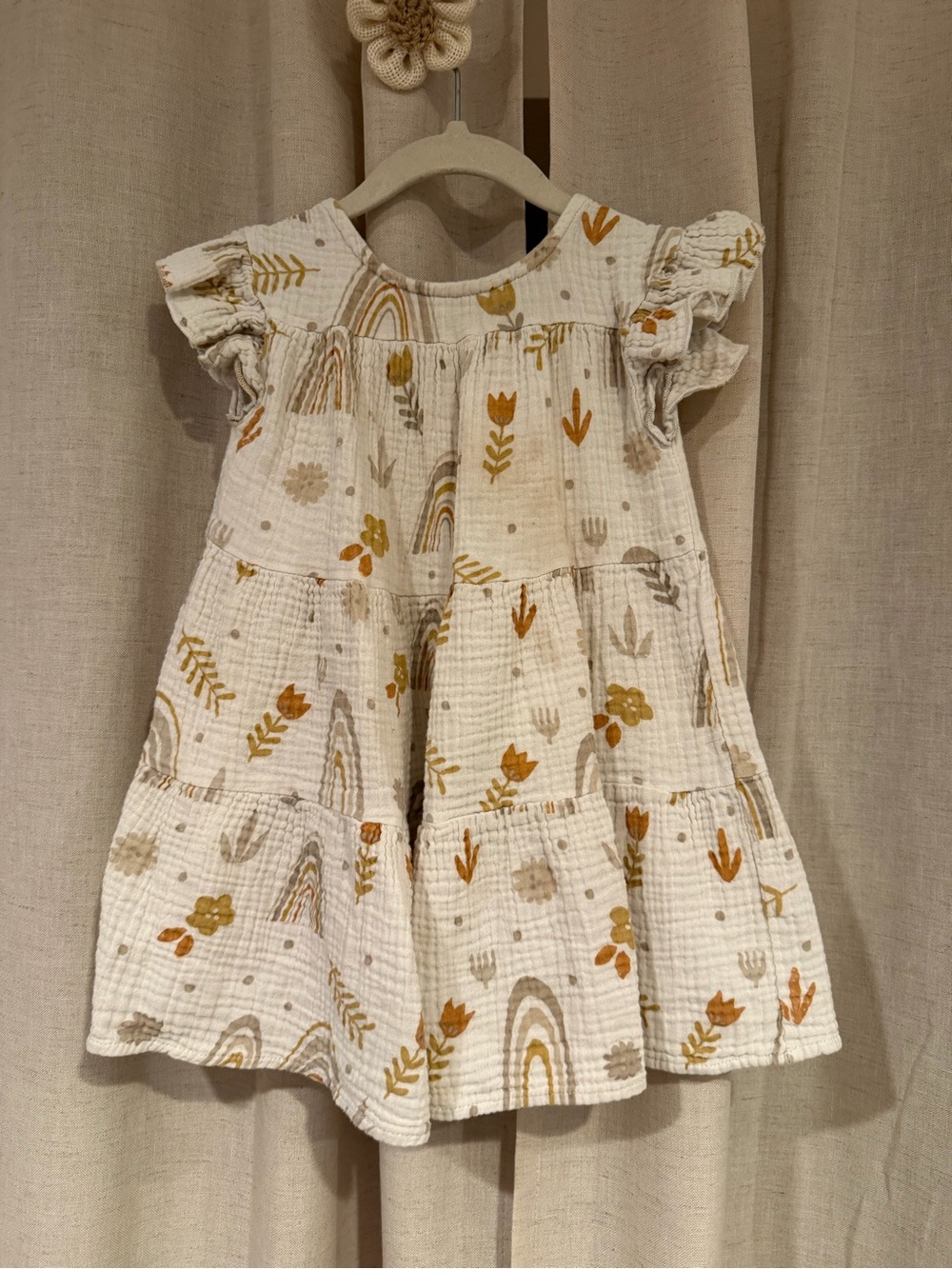 Dot Dot Smile 2T Cream Floral & Mustard Ruffle Tiered Dress Gauze 100% cotton
